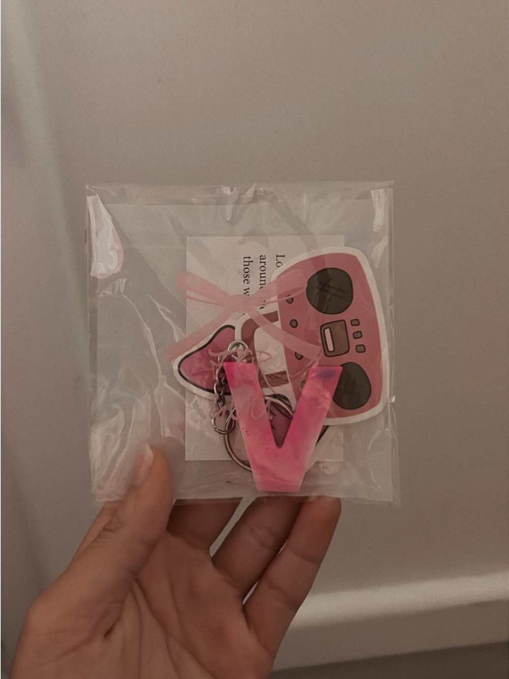 Pink Game Controller & Letter V Keychain Set